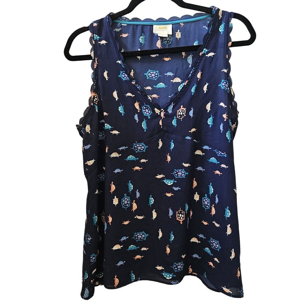 Anthropologie Maeve Womens Sz 4 Sheer Sleeveless Top Turtle Terrapin Print Blue